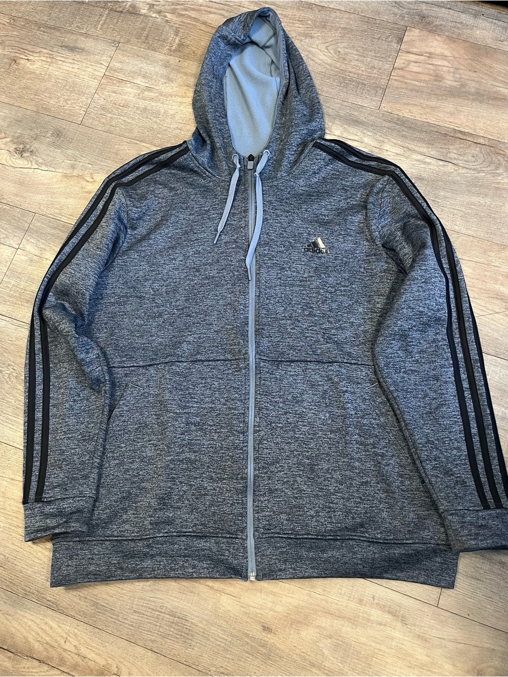 adidas Men’s Gray Heather Full-Zip Hooded Jacket with Black Stripes